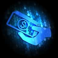 Blue Icon of Money in the Hand on Dark Digital Background.